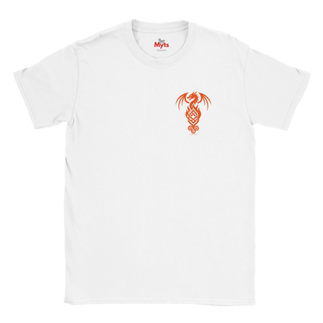 A white short-sleeve crewneck t-shirt featuring a small orange dragon graphic printed on the left chest, with the brand name 'Myths' visible inside the collar.