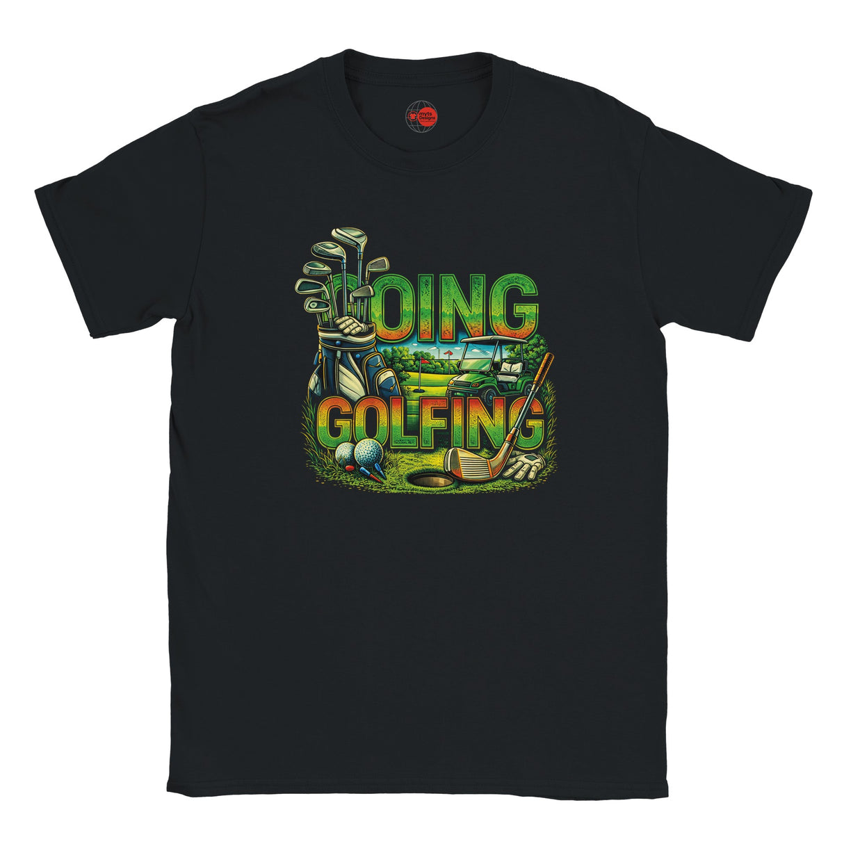 Black t-shirt with colorful golf-themed graphic on a white background