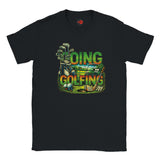Black t-shirt with colorful golf-themed graphic on a white background