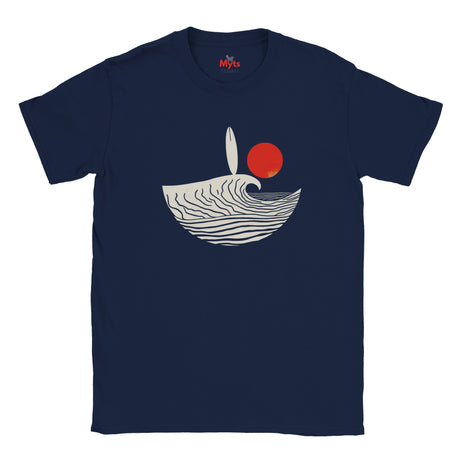 Navy blue t-shirt with a wave and sun design on a white background