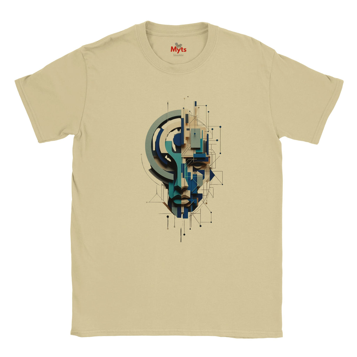 A sand crewneck t-shirt featuring a central graphic print of a stylized face composed of geometric shapes in blue, teal, and gray. The brand name 'Myts' is visible on the inner neck label.