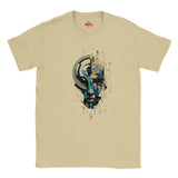 A sand crewneck t-shirt featuring a central graphic print of a stylized face composed of geometric shapes in blue, teal, and gray. The brand name 'Myts' is visible on the inner neck label.