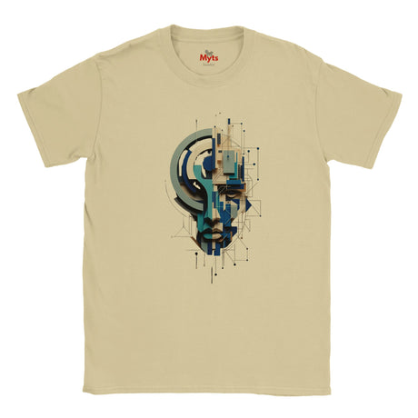 A sand crewneck t-shirt featuring a central graphic print of a stylized face composed of geometric shapes in blue, teal, and gray. The brand name 'Myts' is visible on the inner neck label.