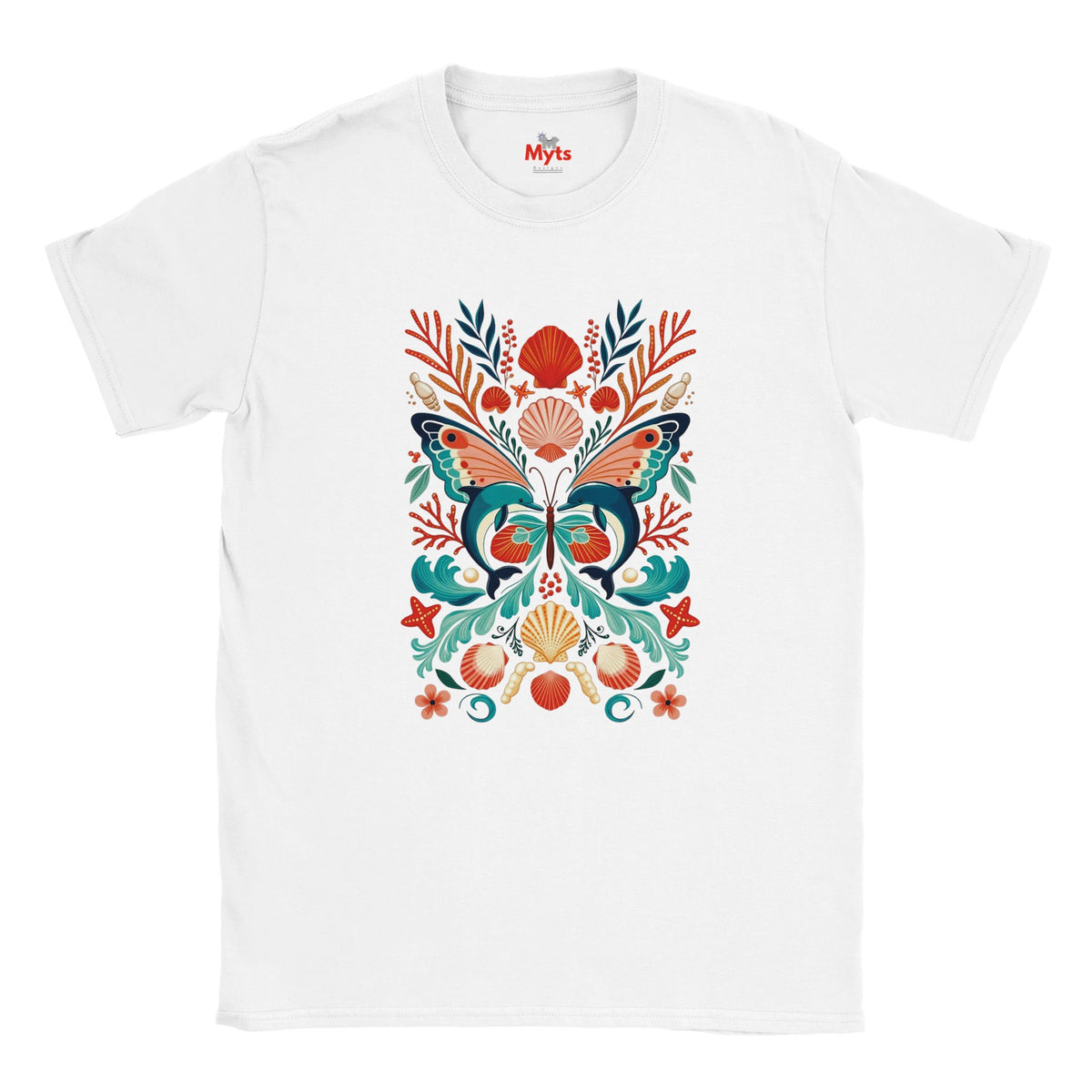 White graphic T-shirt displaying symmetrical dolphin butterfly artwork with orange coral, starfish and seashells.