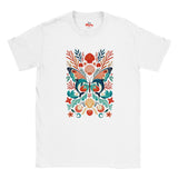 White graphic T-shirt displaying symmetrical dolphin butterfly artwork with orange coral, starfish and seashells.
