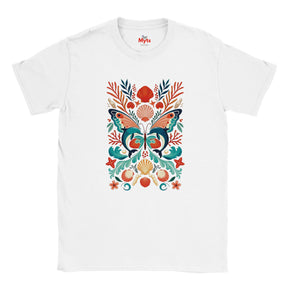 White graphic T-shirt displaying symmetrical dolphin butterfly artwork with orange coral, starfish and seashells.