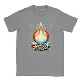 A gray crewneck t-shirt featuring a colorful graphic print of seashells, starfish, and coral on the front, with the brand name 'Mits' printed inside the collar.