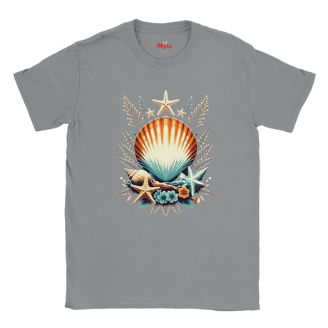 A gray crewneck t-shirt featuring a colorful graphic print of seashells, starfish, and coral on the front, with the brand name 'Mits' printed inside the collar.