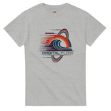 Ash t-shirt with 'Orbital Flow' graphic design on a white background