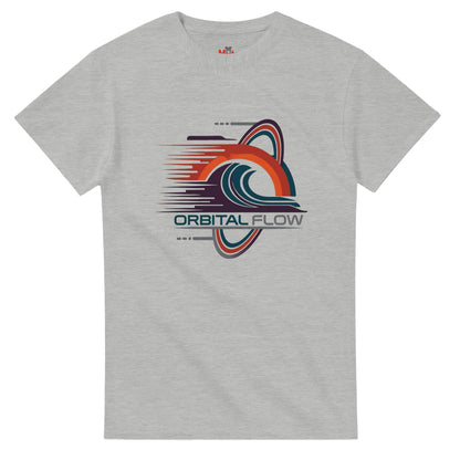 Ash t-shirt with 'Orbital Flow' graphic design on a white background
