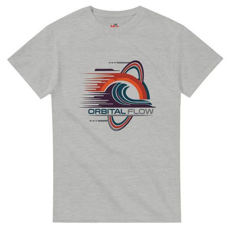 Ash t-shirt with 'Orbital Flow' graphic design on a white background