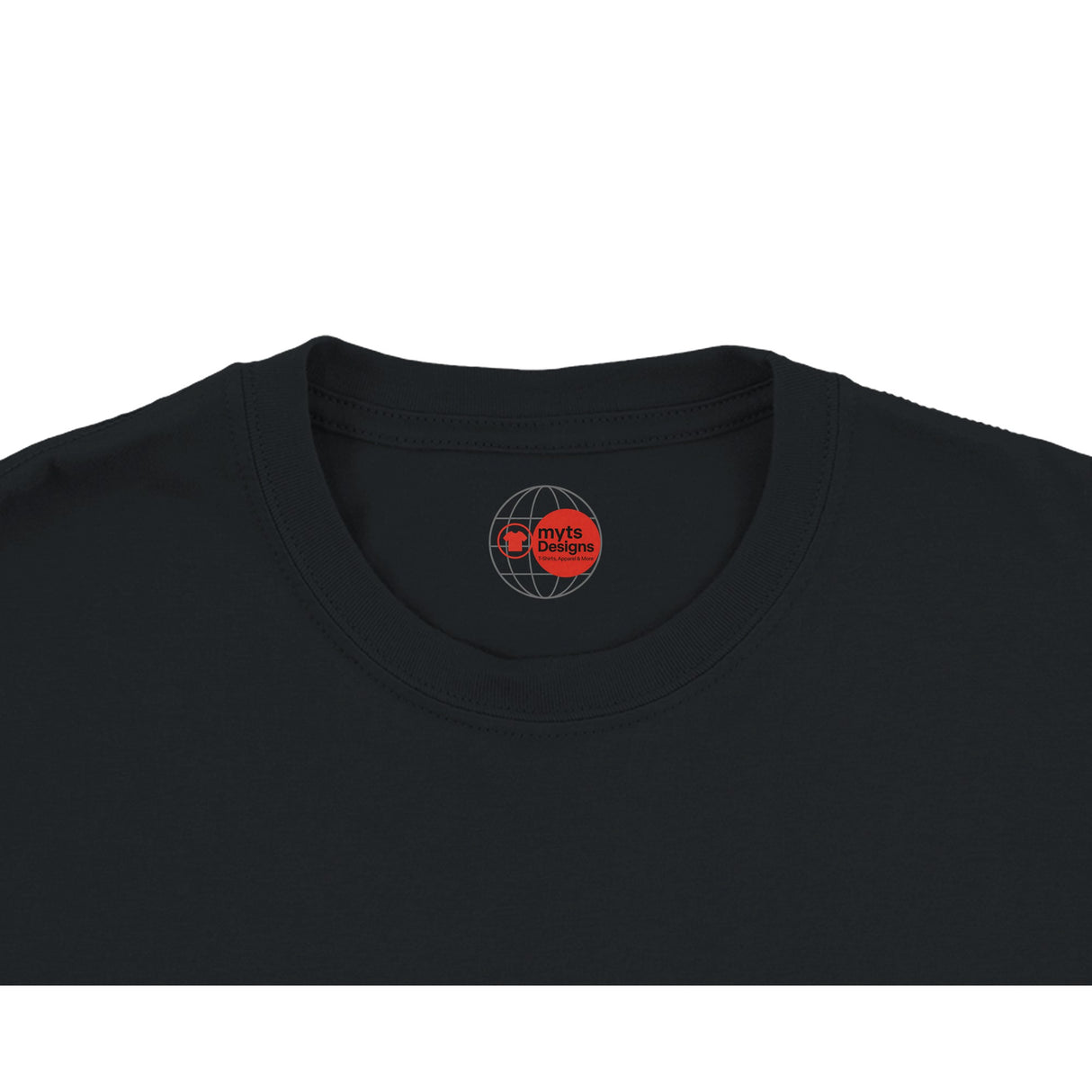 Black t-shirt with a logo on the chest area against a white background