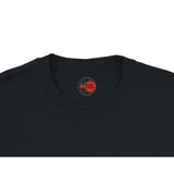 Black t-shirt with a logo on the chest area against a white background