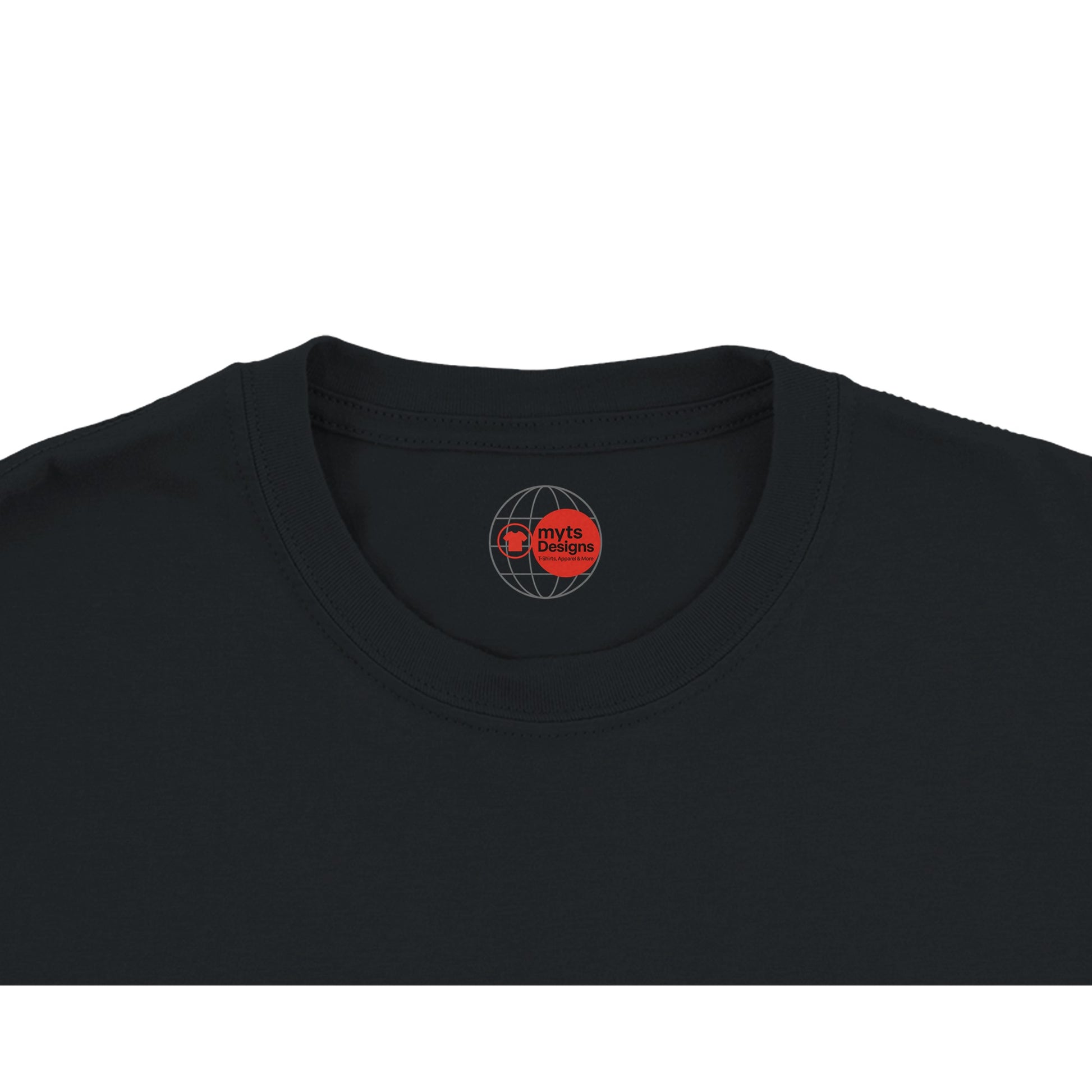 Black t-shirt with a logo on the chest area against a white background
