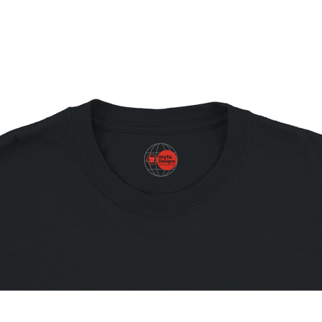 Black t-shirt with a logo on the chest area against a white background