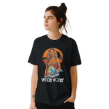 Person wearing a black t-shirt with a graphic design