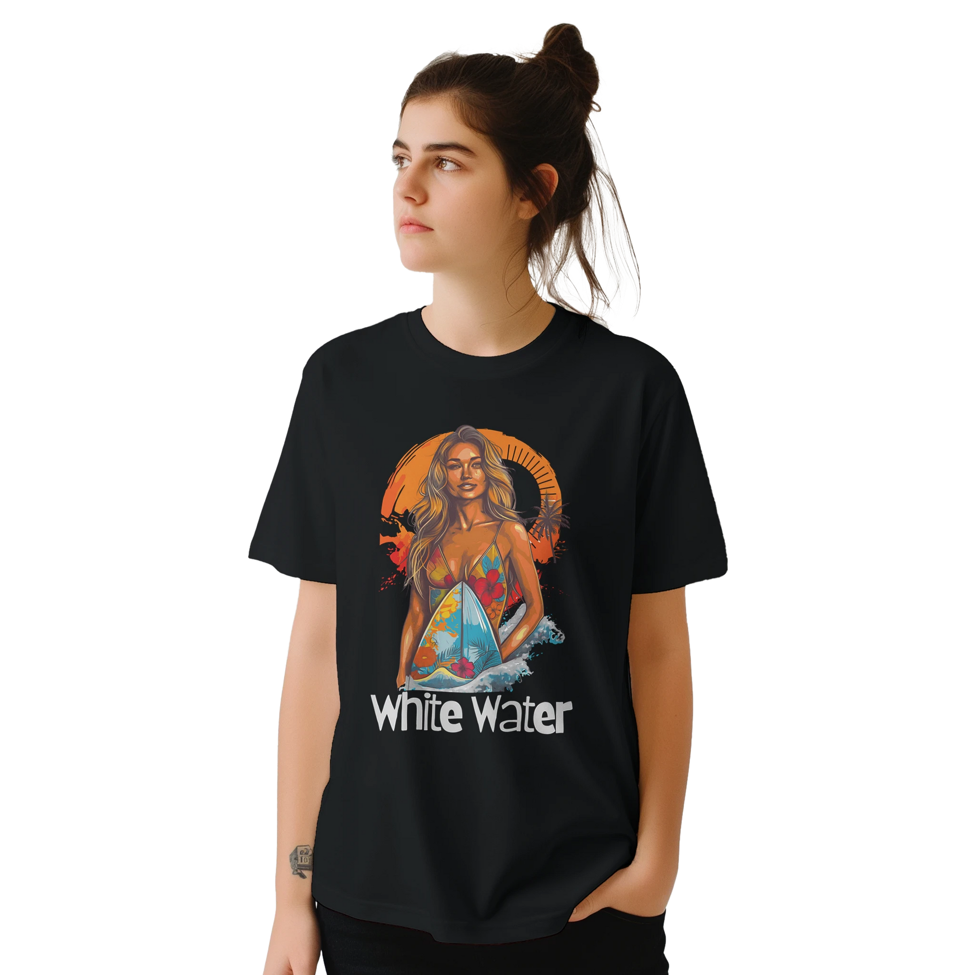 Person wearing a black t-shirt with a graphic design