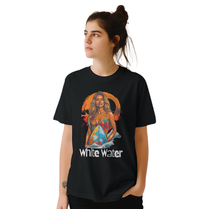Person wearing a black t-shirt with a graphic design