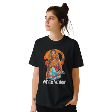 Person wearing a black t-shirt with a graphic design