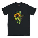 Black t-shirt with a sunflower and fruit design on a white background