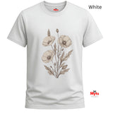 A white short-sleeve crewneck t-shirt featuring a central graphic of beige poppy flowers and leaves. The brand name 'Myts' is visible on the inner neck label and as a logo in the bottom right corner, with 'White' text in the top right corner.