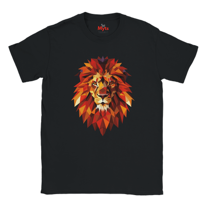 Black t-shirt with a colorful lion graphic on a white background
