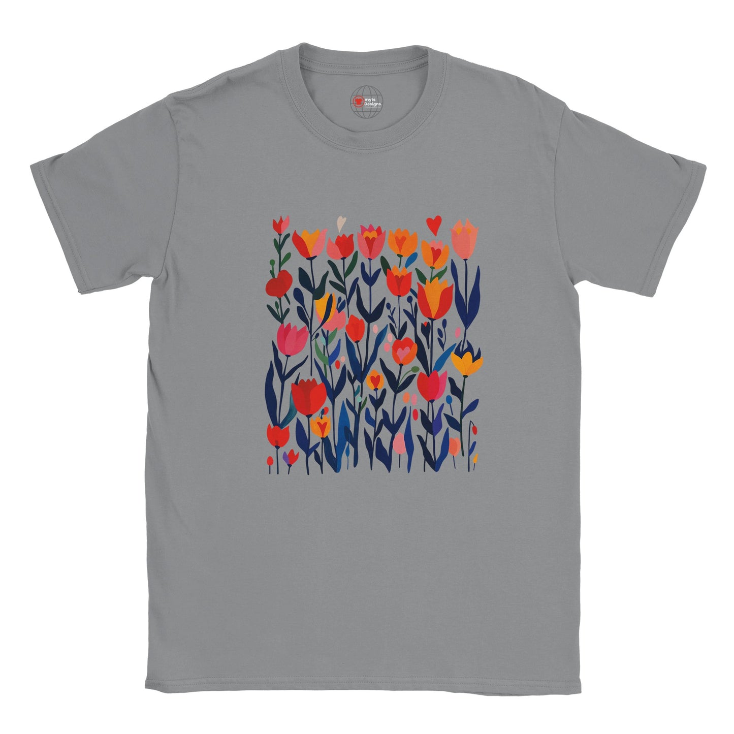 Sports Grey unisex T‑shirt featuring a minimalist poppy design in vibrant reds, pinks, and greens—with clean lines and botanical elegance—against a white background. Soft cotton tee shown flat for clarity.