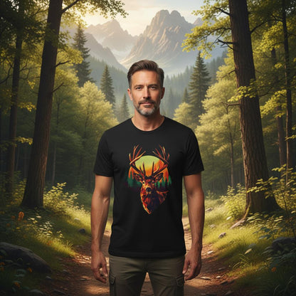 Man wearing a black t-shirt with a deer design in a forest setting