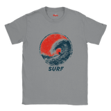 A gray short-sleeve t-shirt with a distressed graphic of a surfer inside a red and blue ocean wave circle, with the word 'SURF' printed below in blue. The brand name 'Myts' is visible on the inner neck label.