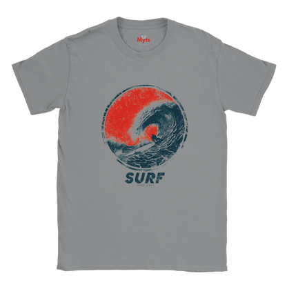 A gray short-sleeve t-shirt with a distressed graphic of a surfer inside a red and blue ocean wave circle, with the word 'SURF' printed below in blue. The brand name 'Myts' is visible on the inner neck label.