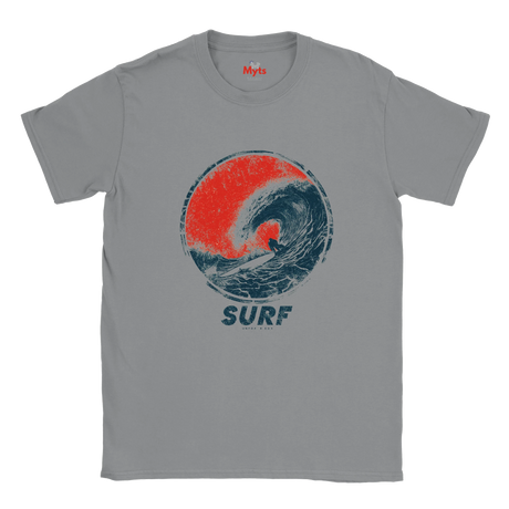 A gray short-sleeve t-shirt with a distressed graphic of a surfer inside a red and blue ocean wave circle, with the word 'SURF' printed below in blue. The brand name 'Myts' is visible on the inner neck label.