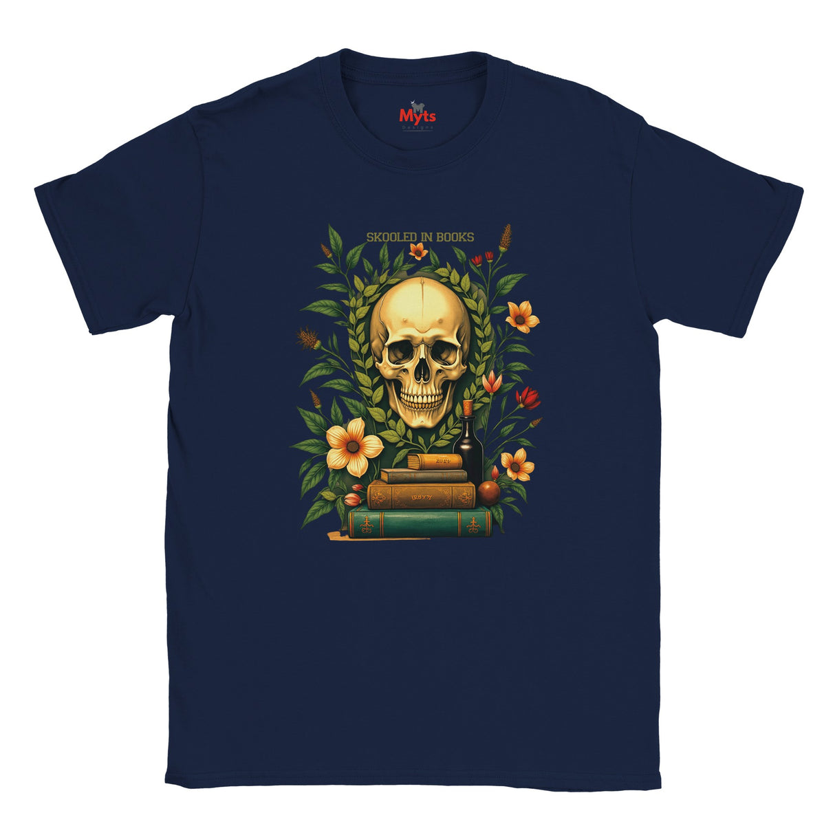 Navy blue t-shirt with a skull and books design on a white background