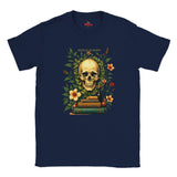Navy blue t-shirt with a skull and books design on a white background