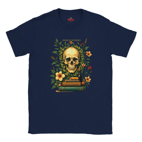 Navy blue t-shirt with a skull and books design on a white background