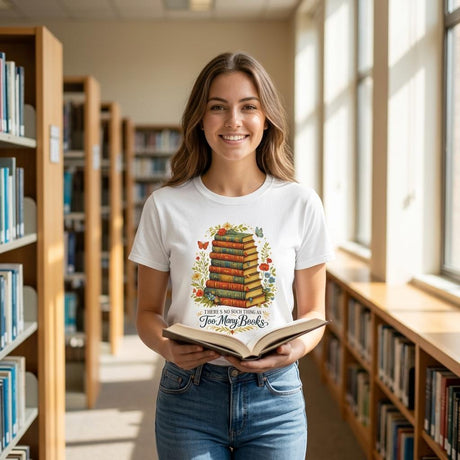 Woman holding a book in a library wearing a t-shirt with a book-themed design.