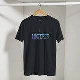 Black t-shirt with 'LIMITLESS' print on a hanger against a neutral background