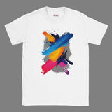 White t-shirt with colorful abstract paint splashes on a white background