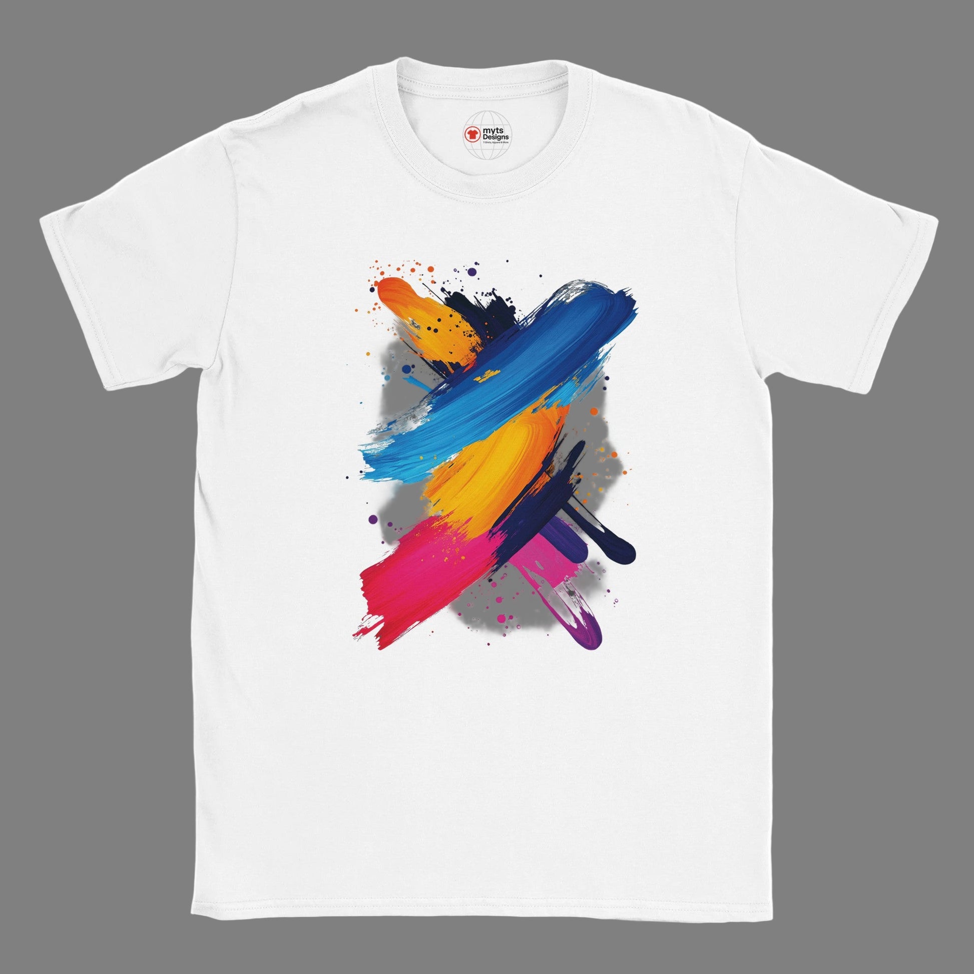 White t-shirt with colorful abstract paint splashes on a white background