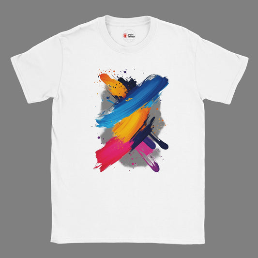 White t-shirt with colorful abstract paint splashes on a white background