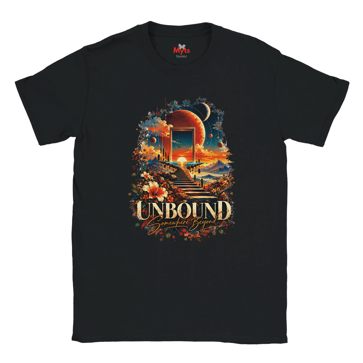 A black flat-lay T-shirt with surreal space and floral design with the words in bold "Unbound" and in a script style below "Somewhere Beyond"