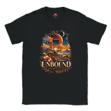 A black flat-lay T-shirt with surreal space and floral design with the words in bold "Unbound" and in a script style below "Somewhere Beyond"