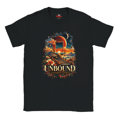 A black flat-lay T-shirt with surreal space and floral design with the words in bold "Unbound" and in a script style below "Somewhere Beyond"