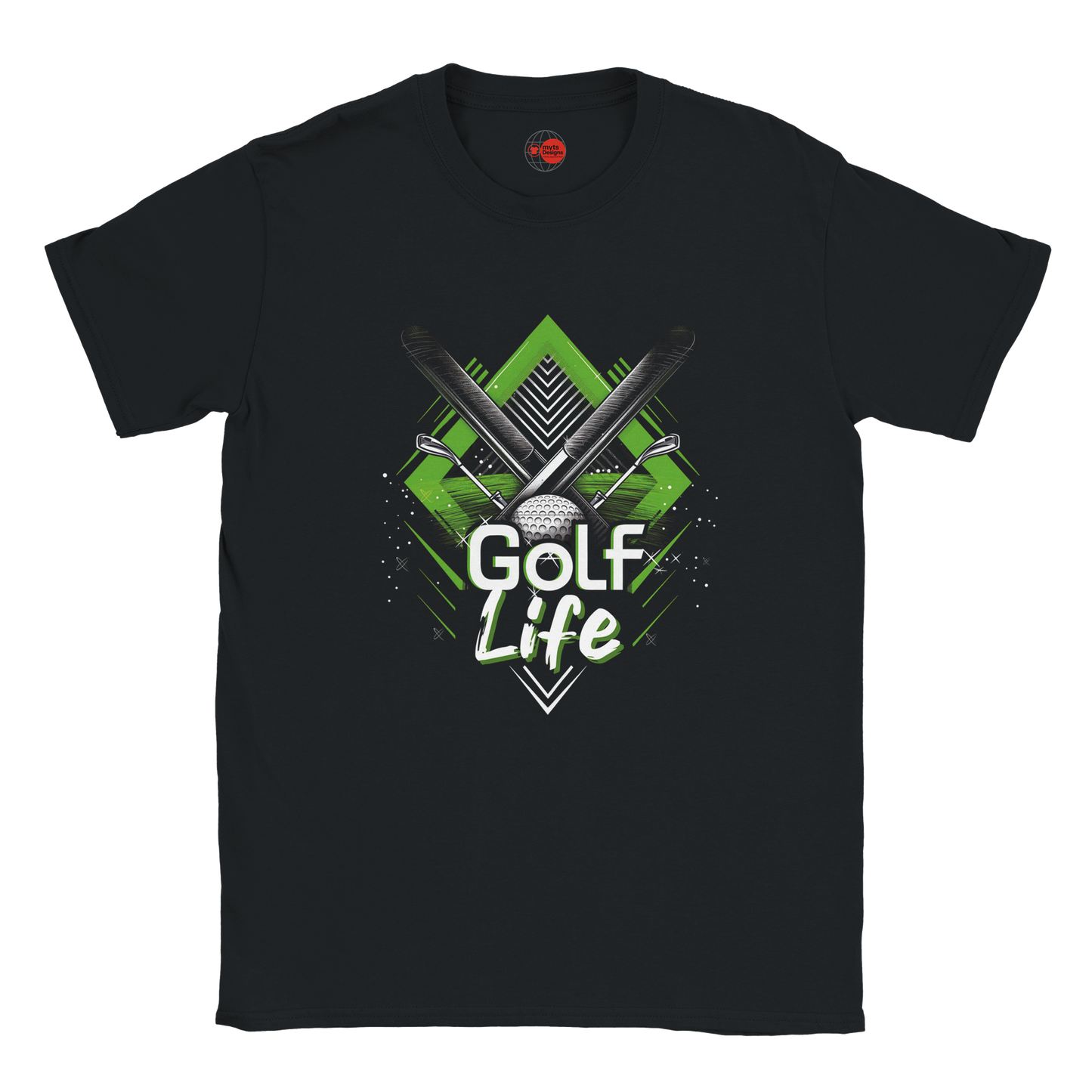 Black t-shirt with 'Golf Life' graphic design on a white background