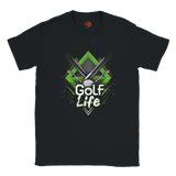 Black t-shirt with 'Golf Life' graphic design on a white background