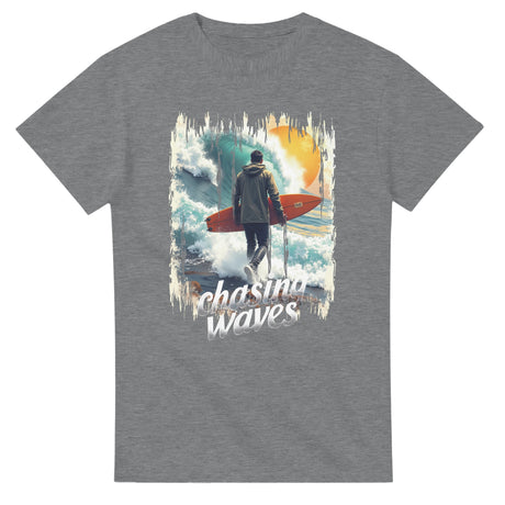Gray t-shirt with a graphic of a person holding a surfboard and the text 'Chasing Waves' on a white background.