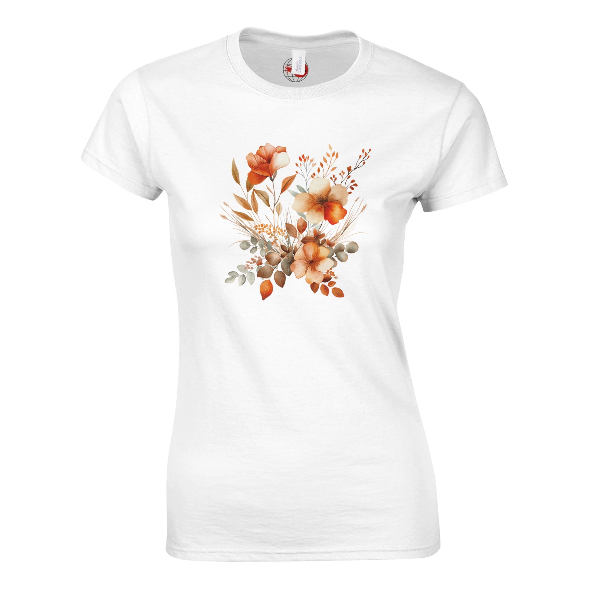 White t-shirt with a floral design on a white background