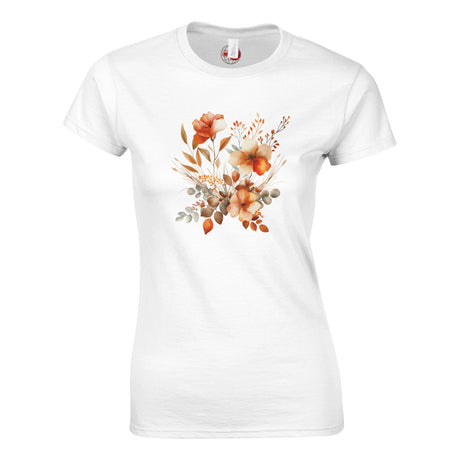 White t-shirt with a floral design on a white background