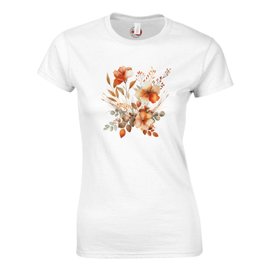 White t-shirt with a floral design on a white background