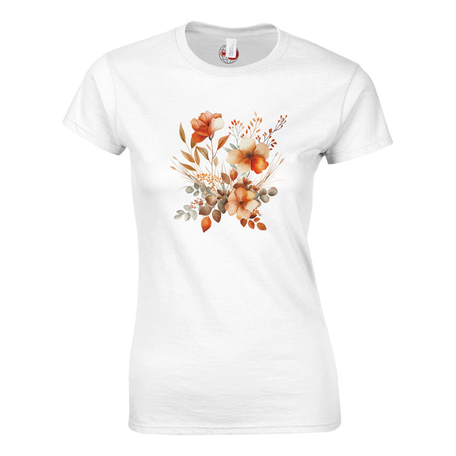 White t-shirt with a floral design on a white background