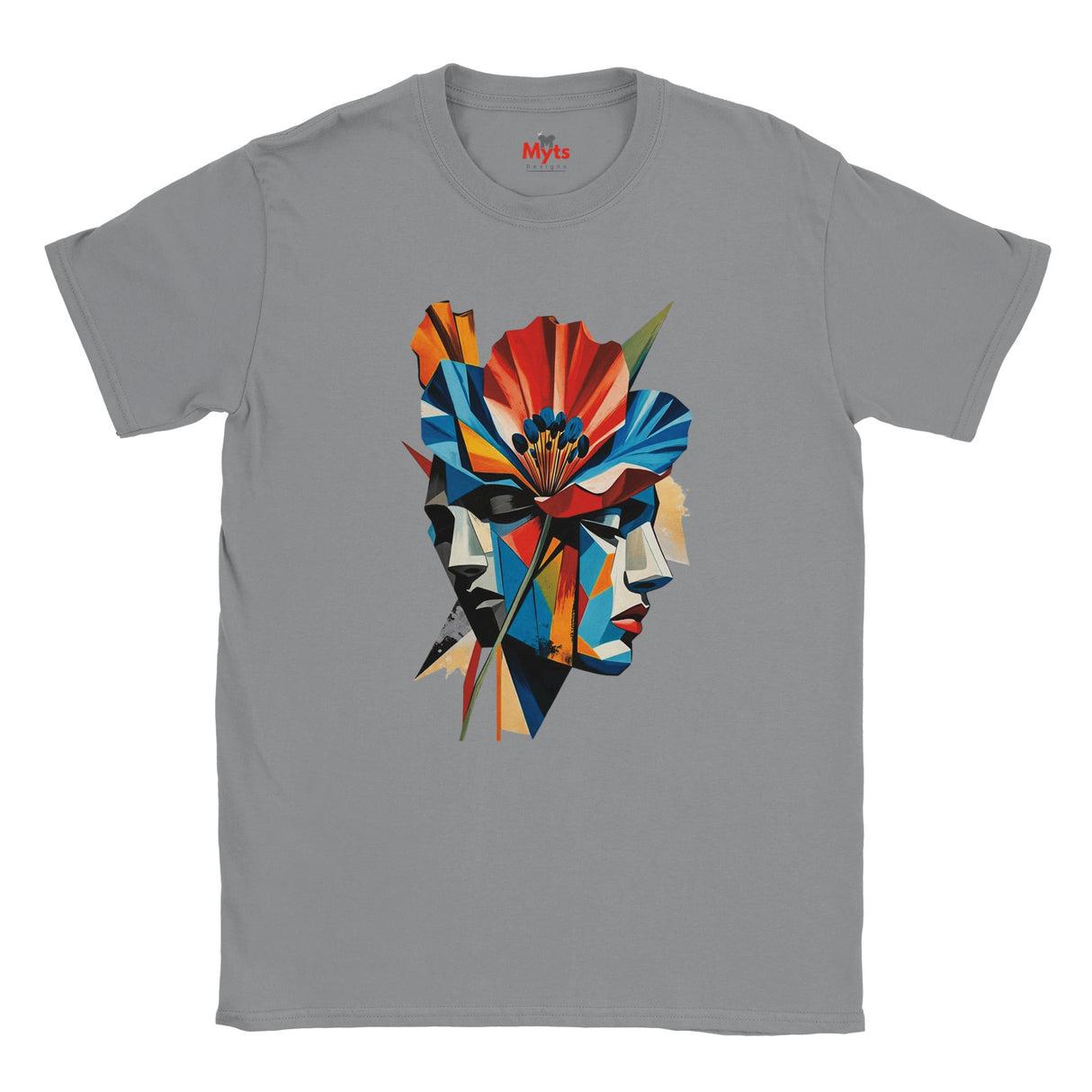 A sports grey abstract two face poppy T-shirt featuring colourful geometric portrait artwork in red, blue, yellow, black and cream.